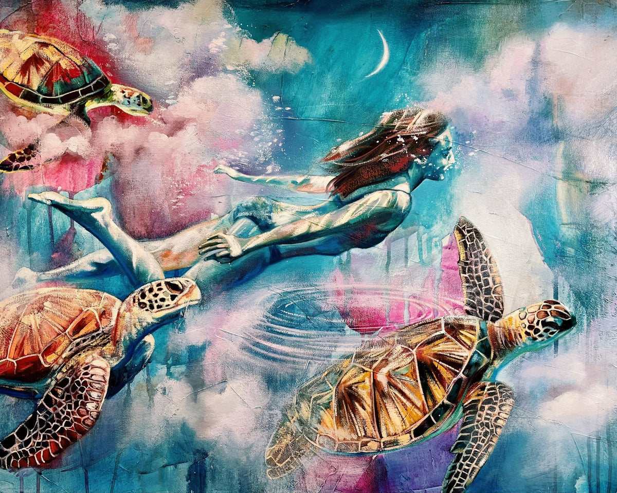 Journey of the Mystic by Dimitra Milan: a woman swims through turquoise water with sea turtles, under billowing clouds and a crescent moon