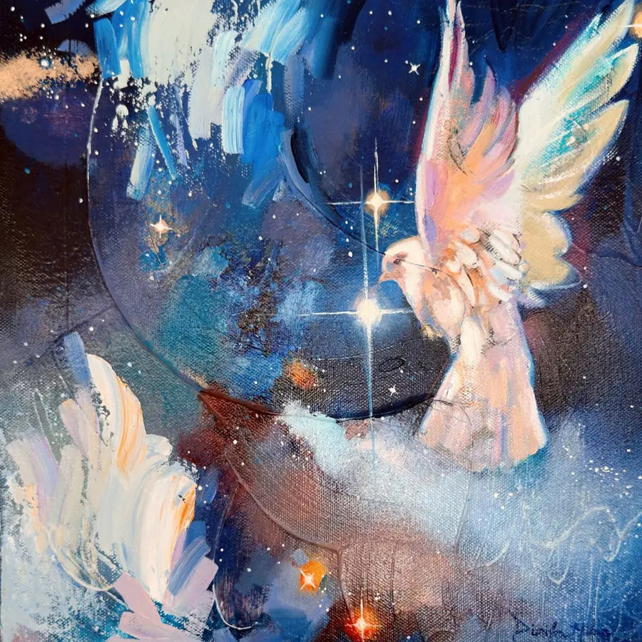 Be Still: a white dove rising through a night sky full of stars