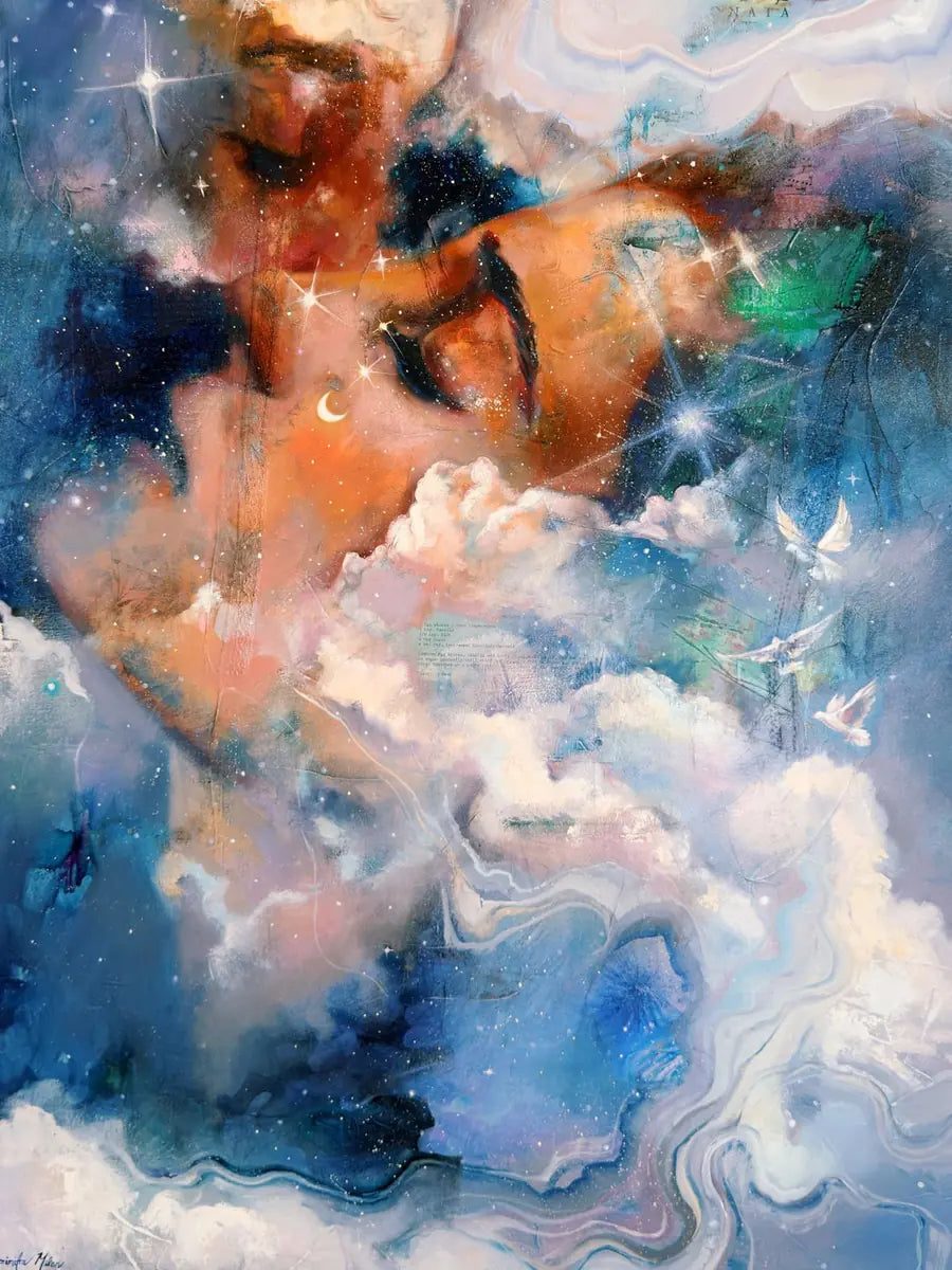Come into the Light: two faces meeting in a kiss among clouds, stars and a crescent moon