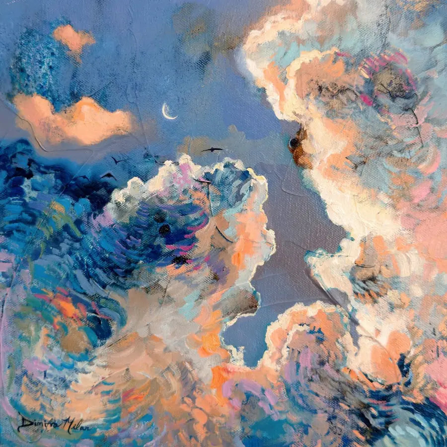 Daydreaming: peach and blue clouds with a thin crescent moon
