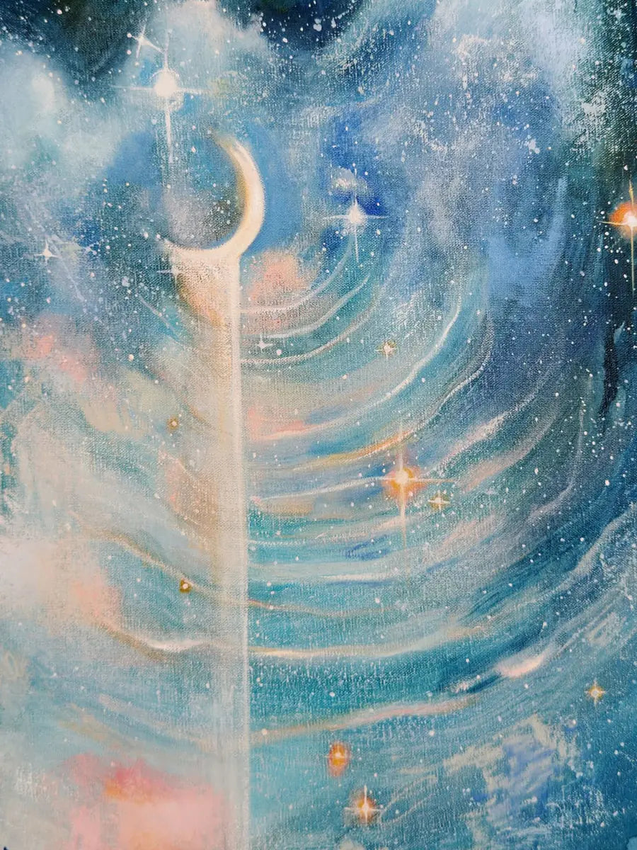 Falling Softly: a crescent moon with a ribbon of light falling through the stars