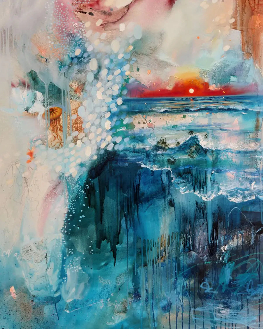 Glory on the Horizon: a red sunset over the sea, with dripping blues and splashes of pink