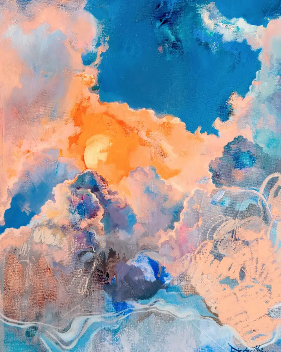 Hope on Fire: a sun burning through peach clouds against deep blue