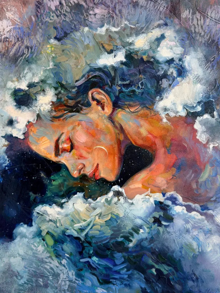 In Horizon's Arms: a woman asleep with her head resting in waves and clouds