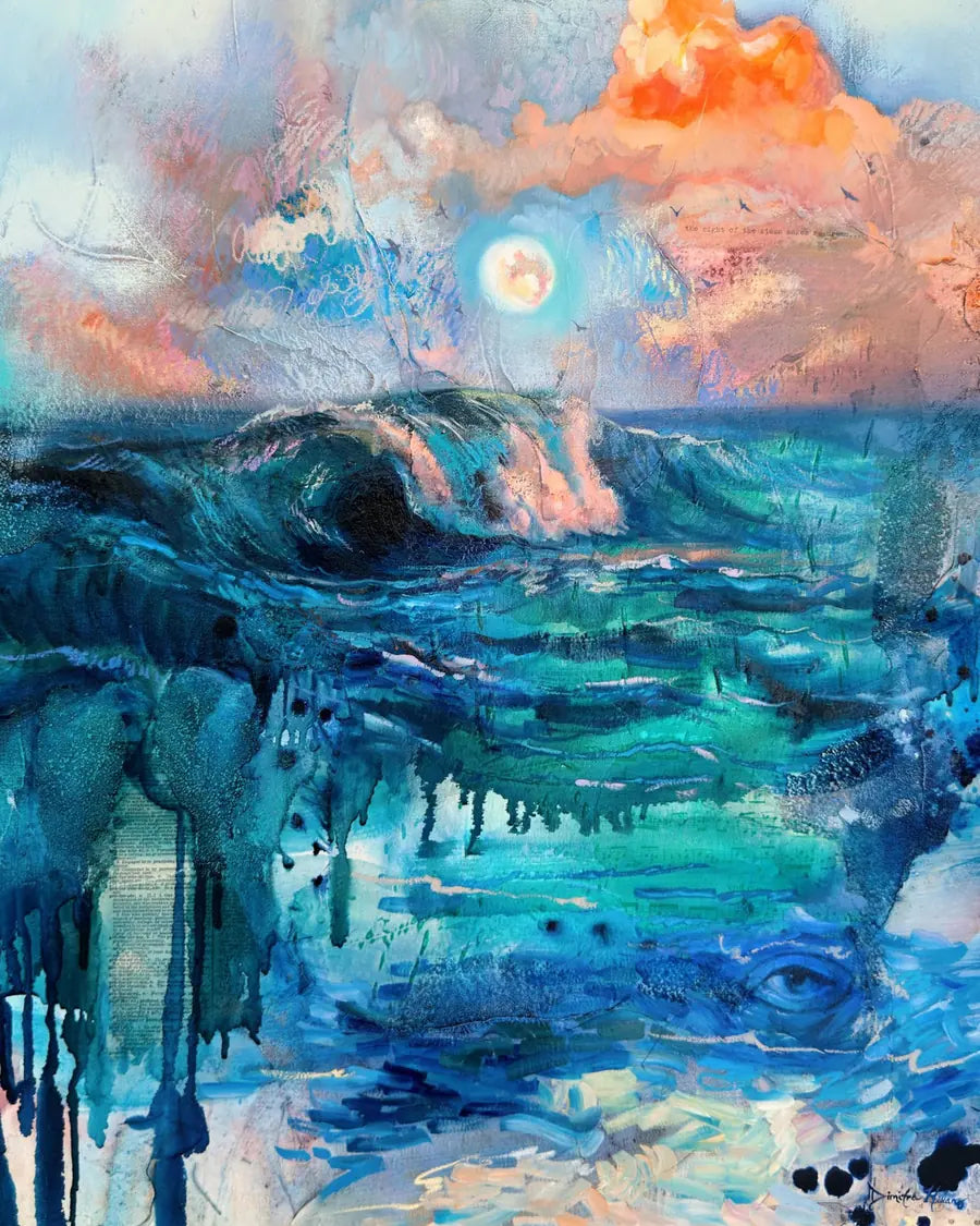Where Soul and Sky Meet: a full moon over a breaking wave, with paint dripping toward the water