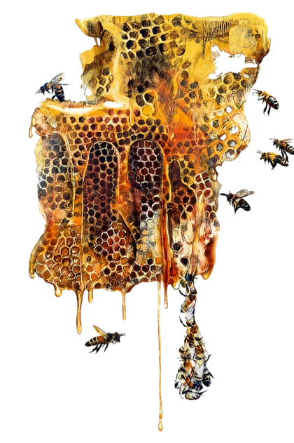 Dimitra's golden mixed-media honeycomb artwork surrounded by bees